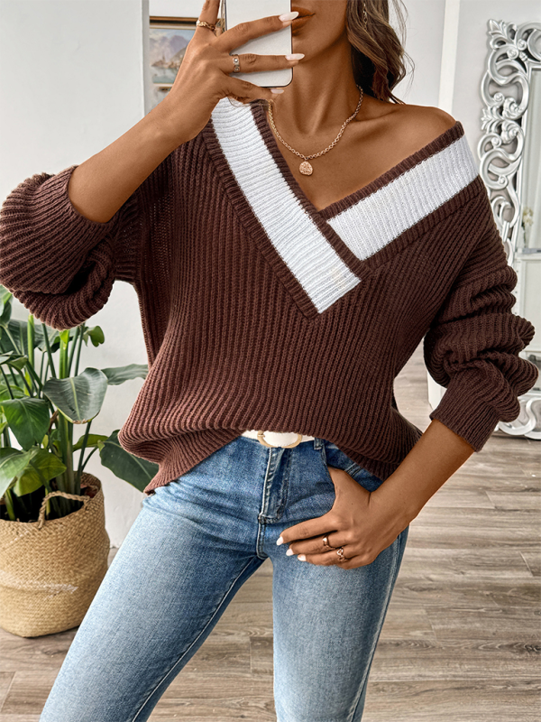 Sweaters- Oversized Wide V-Neck Sweater - Autumn Jumper Layering- - IndioGear.com