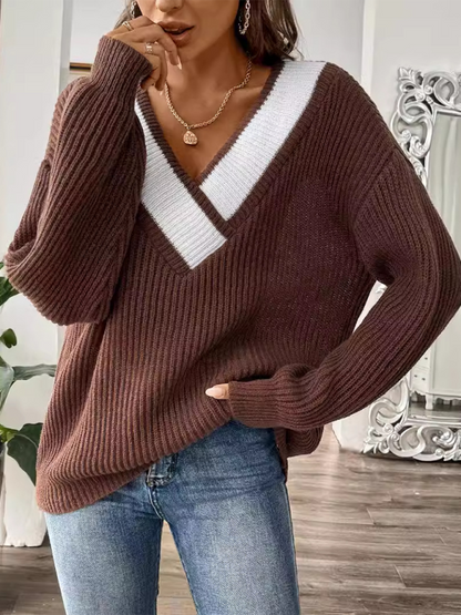 Sweaters- Oversized Wide V-Neck Sweater - Autumn Jumper Layering- - IndioGear.com