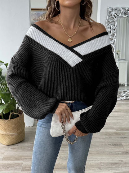 Sweaters- Oversized Wide V-Neck Sweater - Autumn Jumper Layering- Black- IndioGear.com