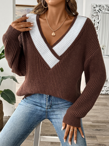 Sweaters- Oversized Wide V-Neck Sweater - Autumn Jumper Layering- Coffee- IndioGear.com