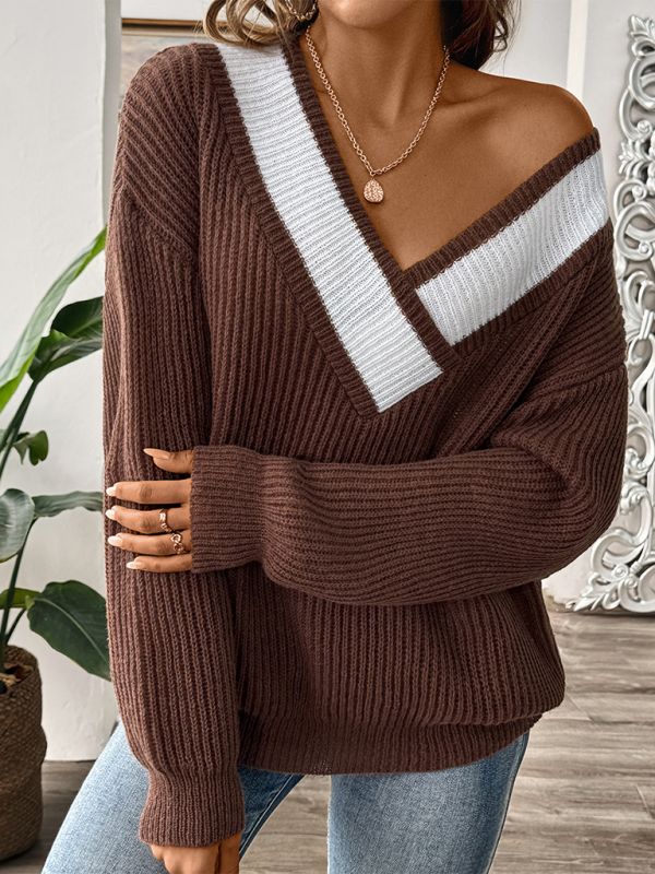 Sweaters- Oversized Wide V-Neck Sweater - Autumn Jumper Layering- - IndioGear.com