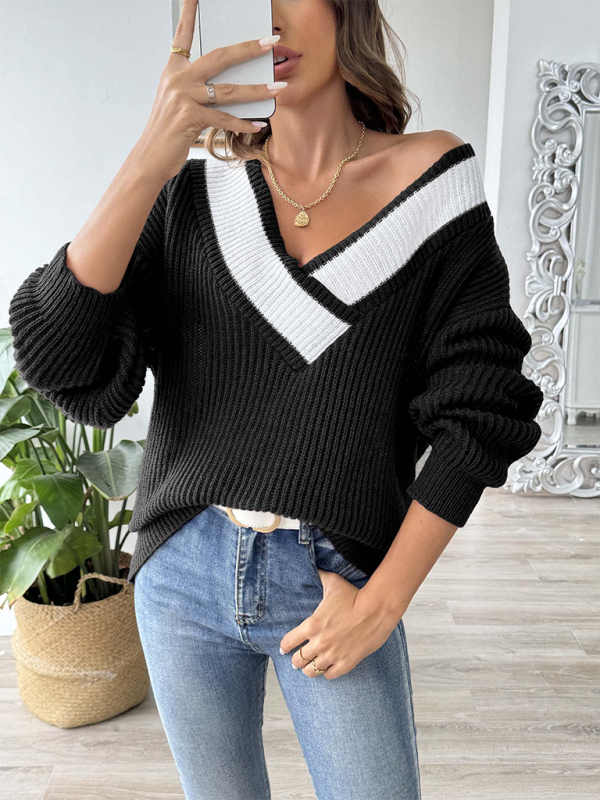 Sweaters- Oversized Wide V-Neck Sweater - Autumn Jumper Layering- - IndioGear.com