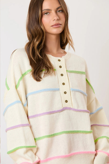 Sweaters- Pastel Striped Henley Sweater Drop Shoulder Knit Jumper- - IndioGear Women Clothing