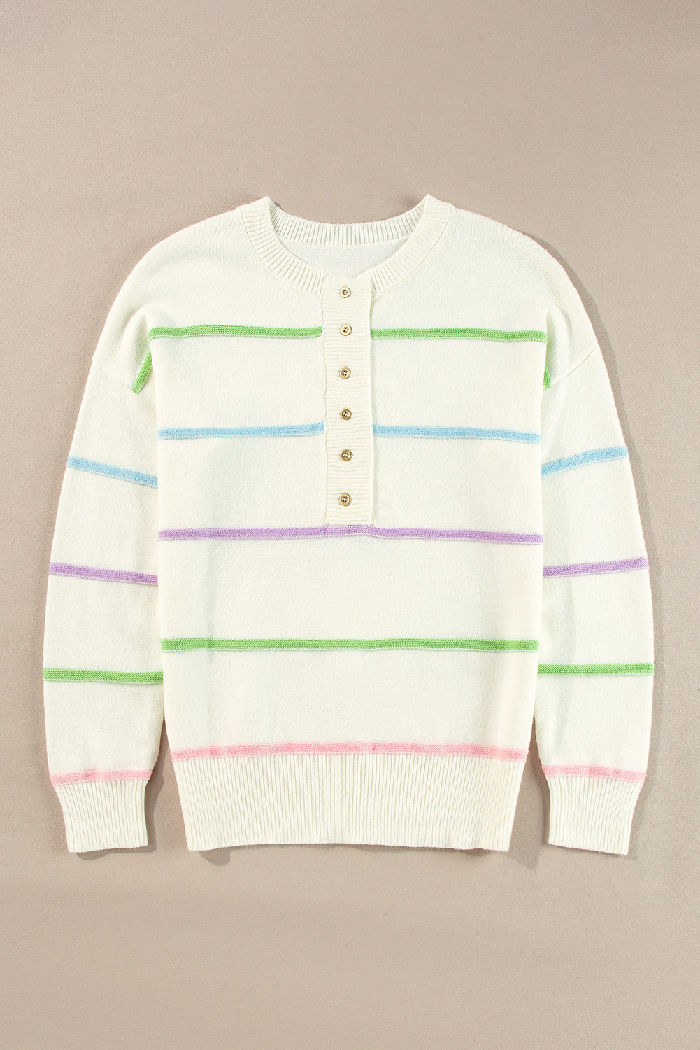 Sweaters- Pastel Striped Henley Sweater Drop Shoulder Knit Jumper- - IndioGear Women Clothing