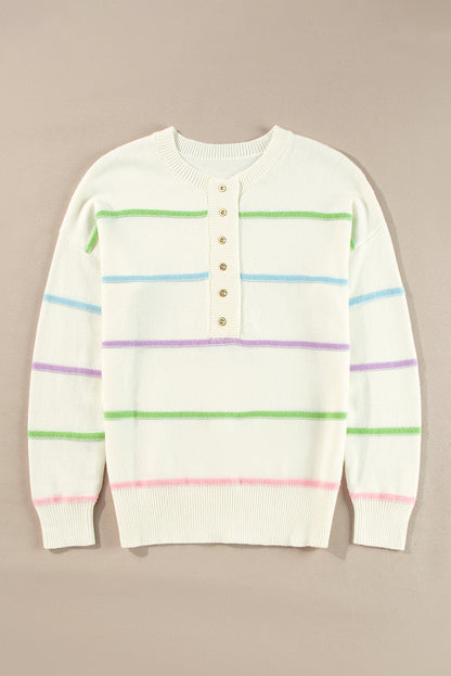 Sweaters- Pastel Striped Henley Sweater Drop Shoulder Knit Jumper- - IndioGear Women Clothing