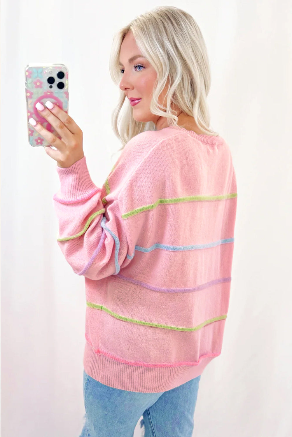 Sweaters- Pastel Striped Henley Sweater Drop Shoulder Knit Jumper- - IndioGear Women Clothing