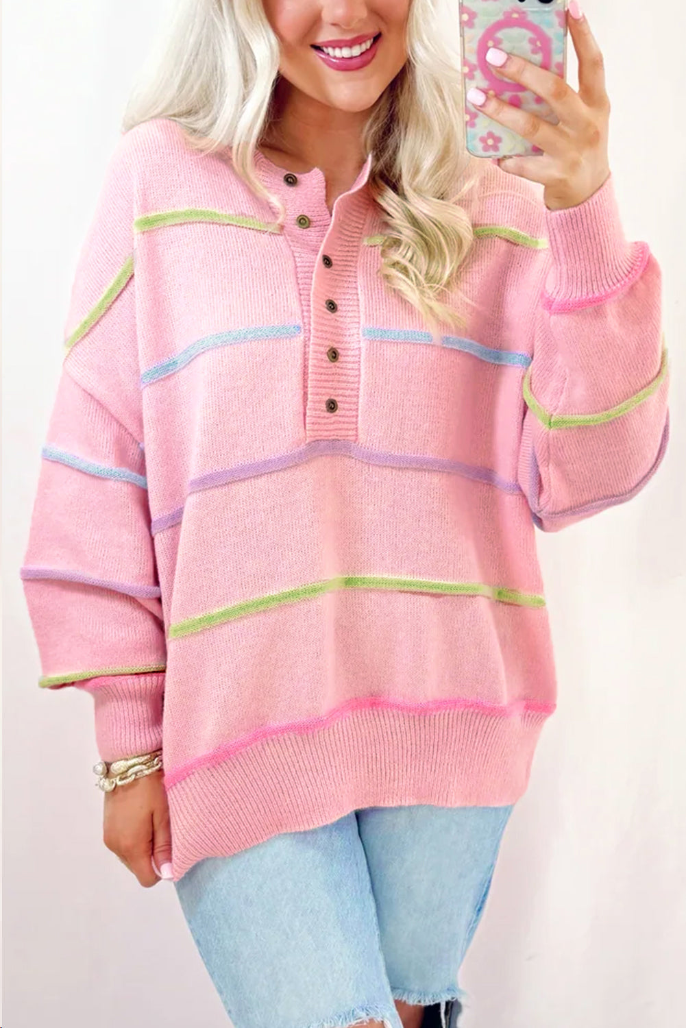 Sweaters- Pastel Striped Henley Sweater Drop Shoulder Knit Jumper- Pink- IndioGear Women Clothing