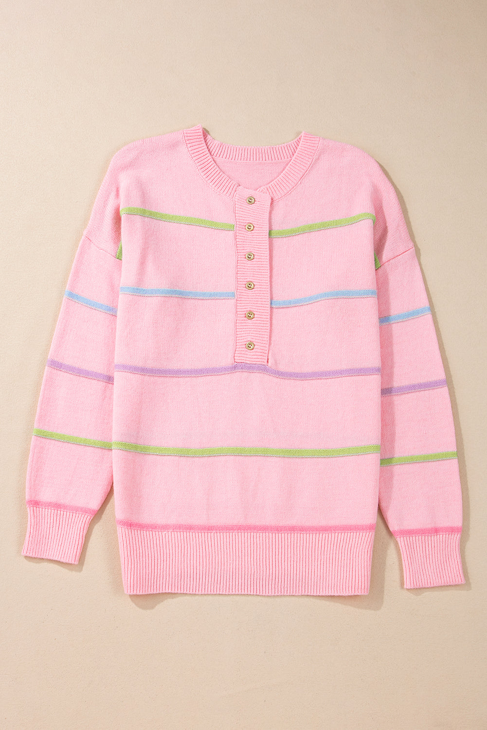 Sweaters- Pastel Striped Henley Sweater Drop Shoulder Knit Jumper- - IndioGear Women Clothing