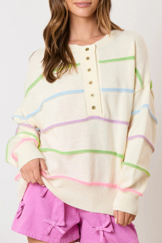 Sweaters- Pastel Striped Henley Sweater Drop Shoulder Knit Jumper- White- IndioGear Women Clothing