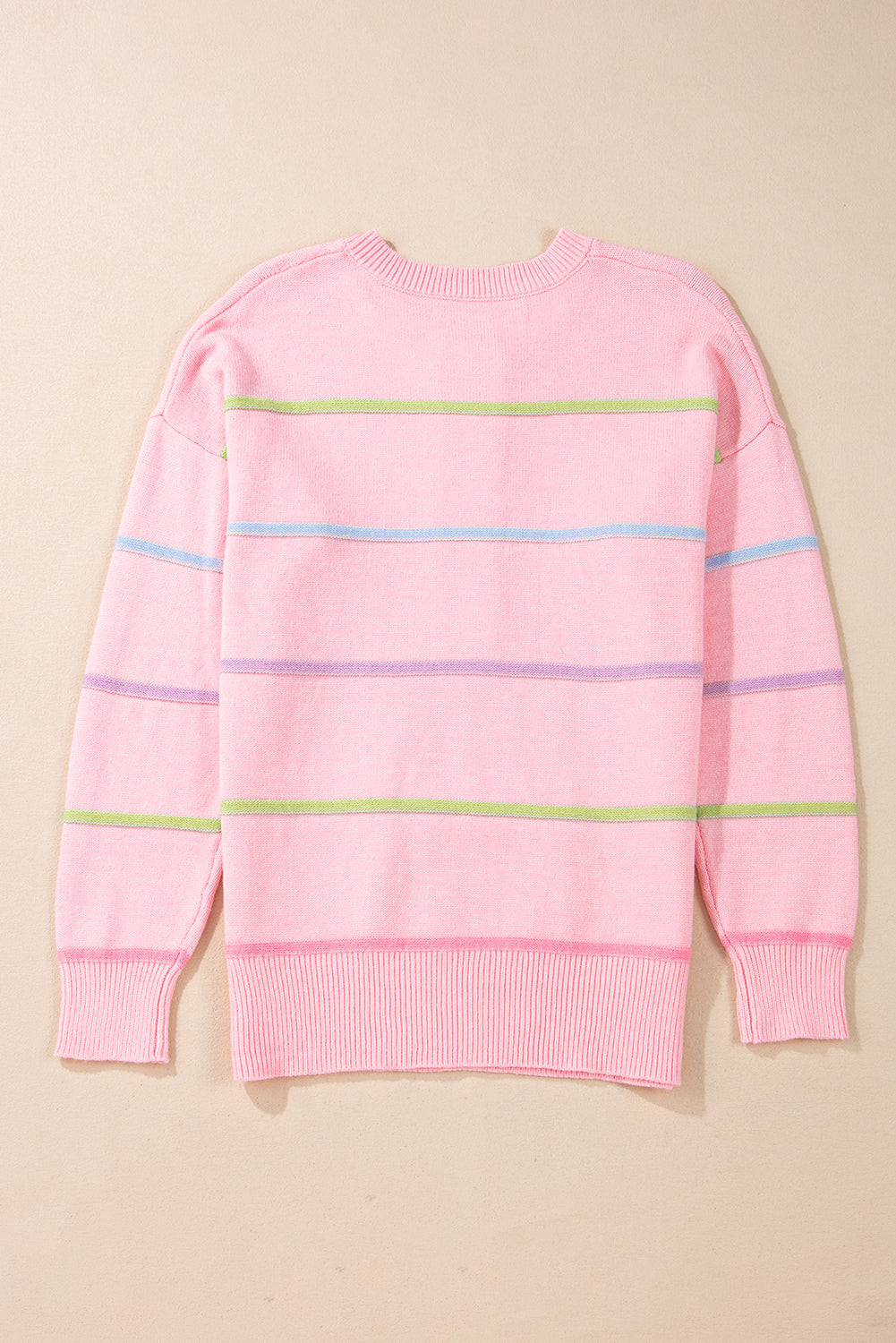 Sweaters- Pastel Striped Henley Sweater Drop Shoulder Knit Jumper- - IndioGear Women Clothing