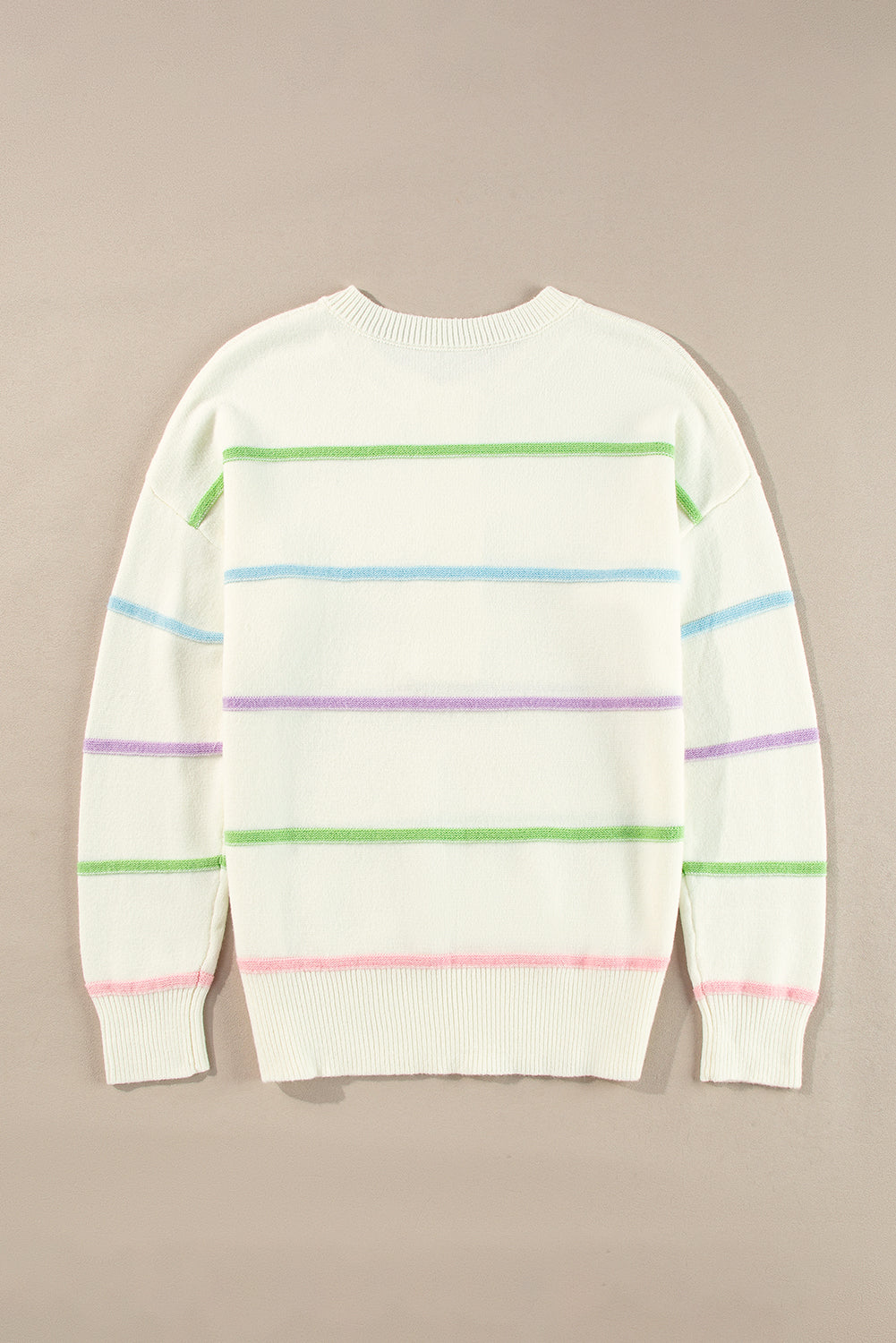 Sweaters- Pastel Striped Henley Sweater Drop Shoulder Knit Jumper- - IndioGear Women Clothing