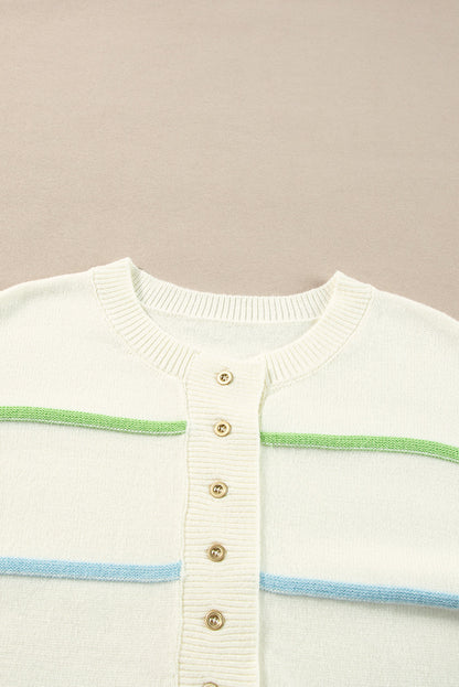 Sweaters- Pastel Striped Henley Sweater Drop Shoulder Knit Jumper- - IndioGear Women Clothing