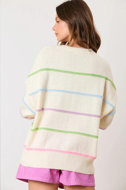 Sweaters- Pastel Striped Henley Sweater Drop Shoulder Knit Jumper- - IndioGear Women Clothing