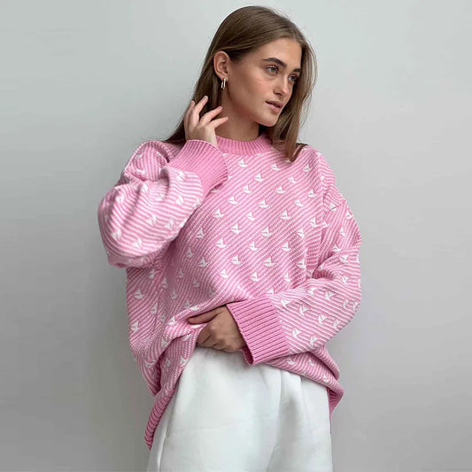 Sweaters- Pink Arrow Patterned Jumper Sweater for Women- Pink- IndioGear.com