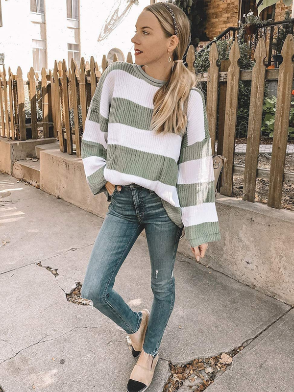 Sweaters- Red & White Striped Sweater Oversized Jumper- Green- IndioGear.com