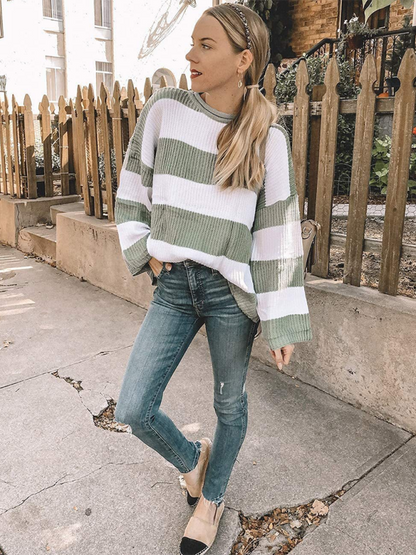 Sweaters- Red & White Striped Sweater Oversized Jumper- Green- IndioGear.com