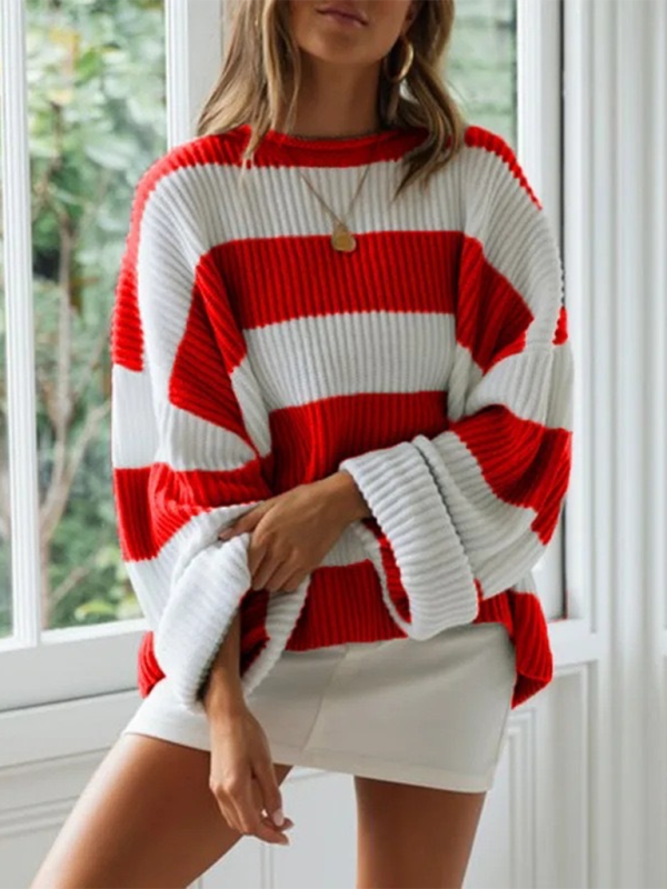 Sweaters- Red & White Striped Sweater Oversized Jumper- - IndioGear.com