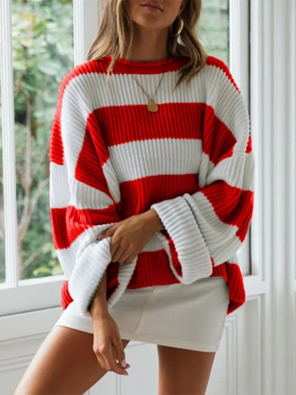 Sweaters- Red & White Striped Sweater Oversized Jumper- - IndioGear.com