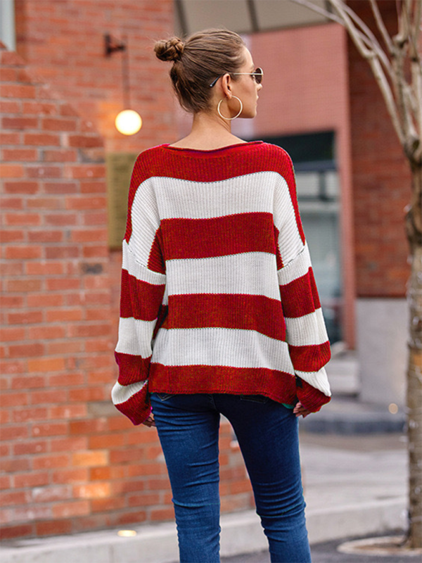 Sweaters- Red & White Striped Sweater Oversized Jumper- - IndioGear.com