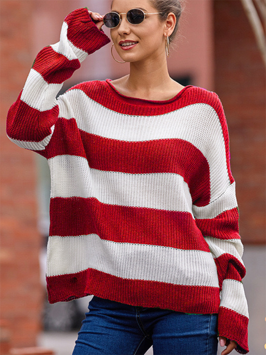 Sweaters- Red & White Striped Sweater Oversized Jumper- Red- IndioGear.com