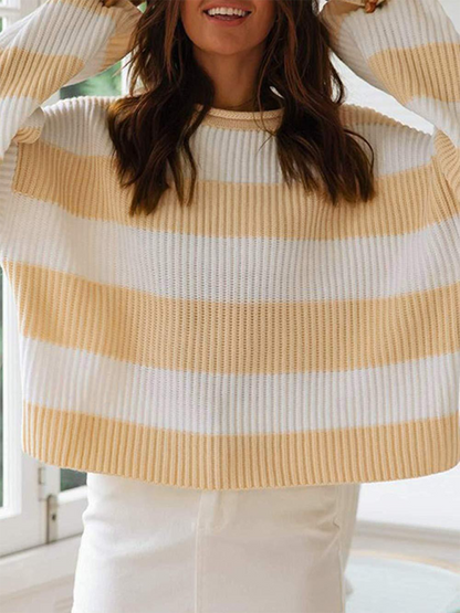 Sweaters- Red & White Striped Sweater Oversized Jumper- Khaki- IndioGear.com