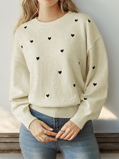 Sweaters- Relax Drop-Shoulder Love Print Sweater for Women- Cracker khaki- IndioGear.com