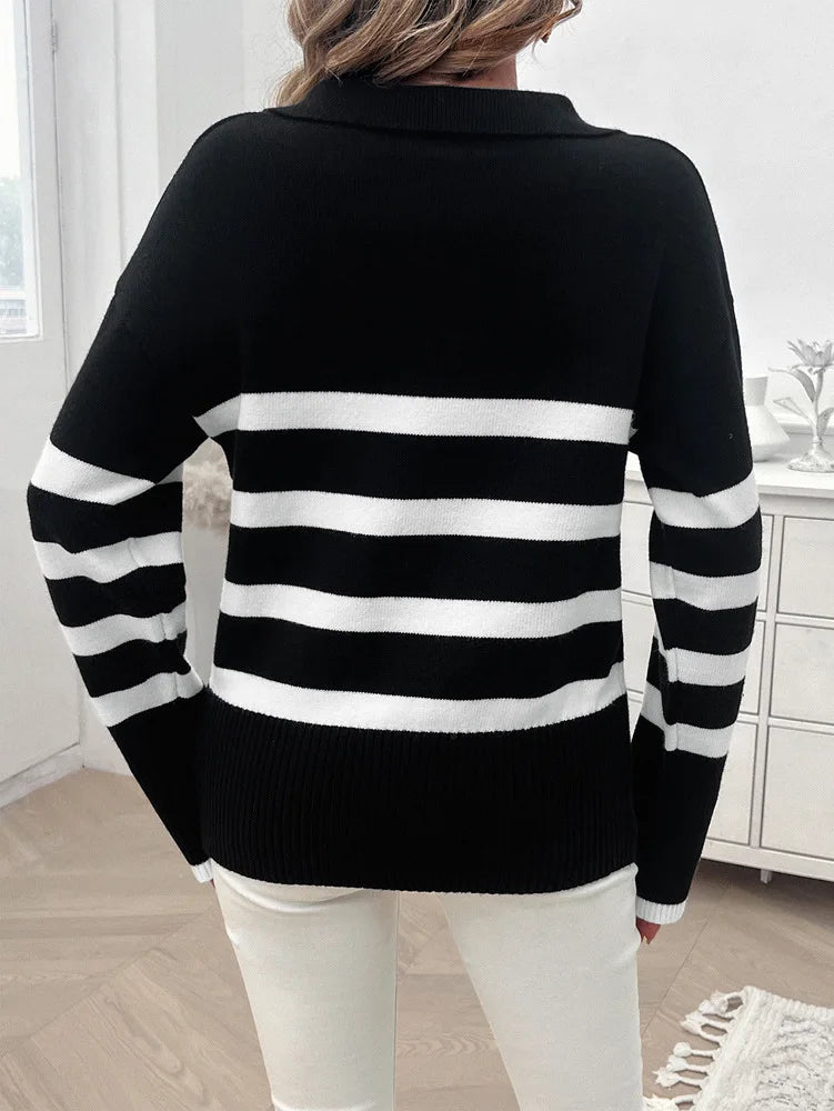 Sweaters- Relaxed Fit Stripe Knit Collared Sweater for Women- - IndioGear.com