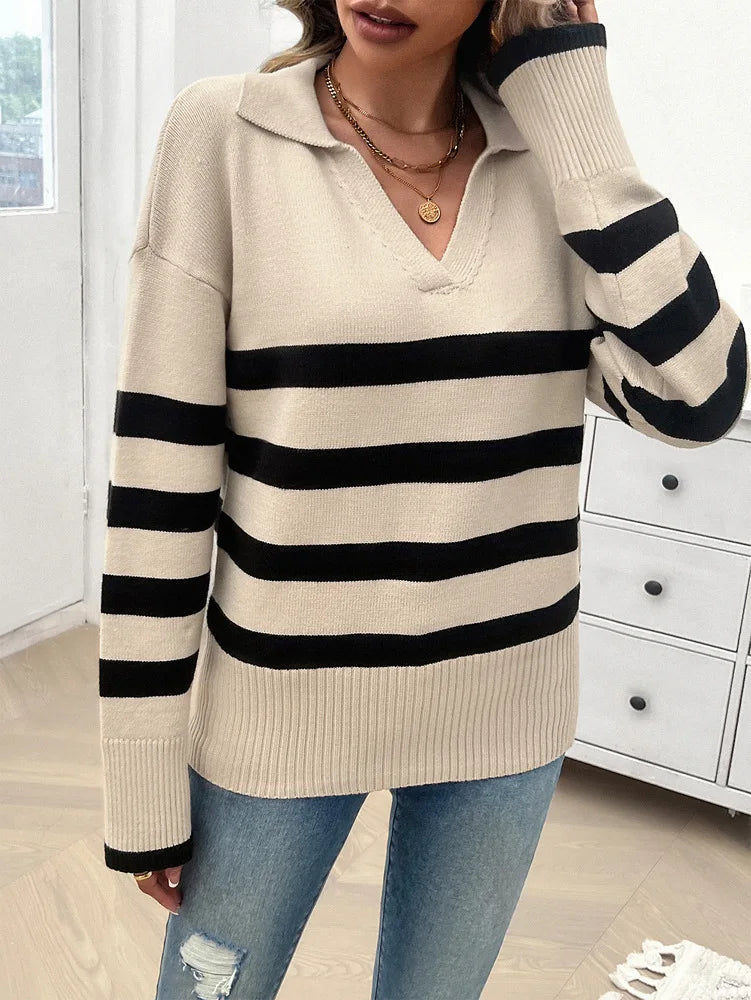 Sweaters- Relaxed Fit Stripe Knit Collared Sweater for Women- - IndioGear.com