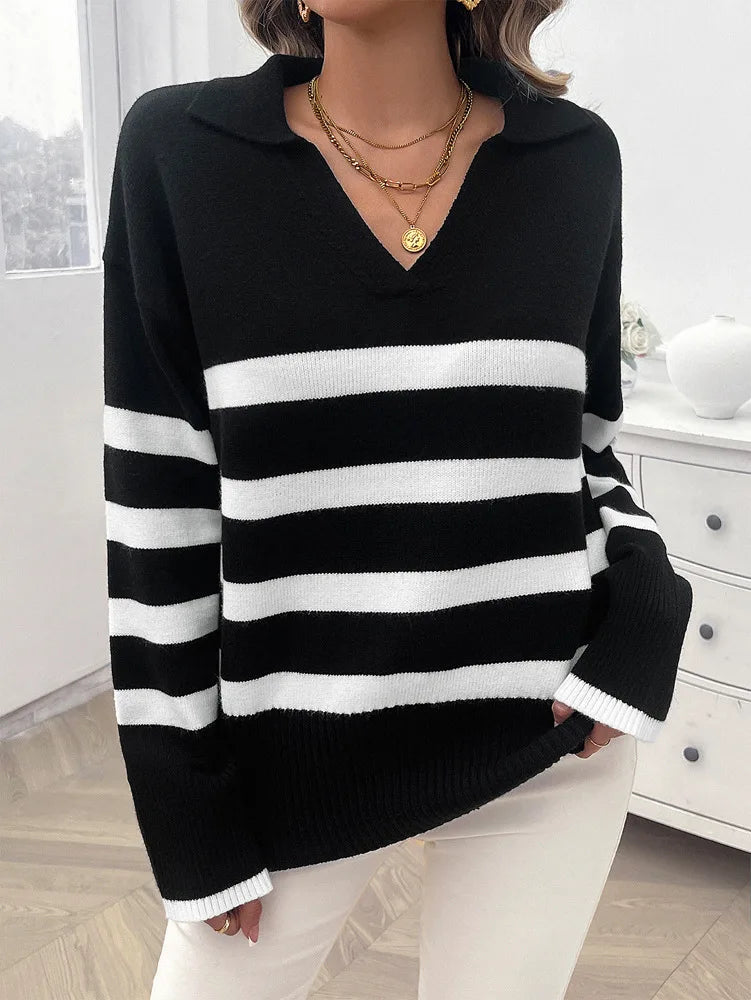 Sweaters- Relaxed Fit Stripe Knit Collared Sweater for Women- - IndioGear.com