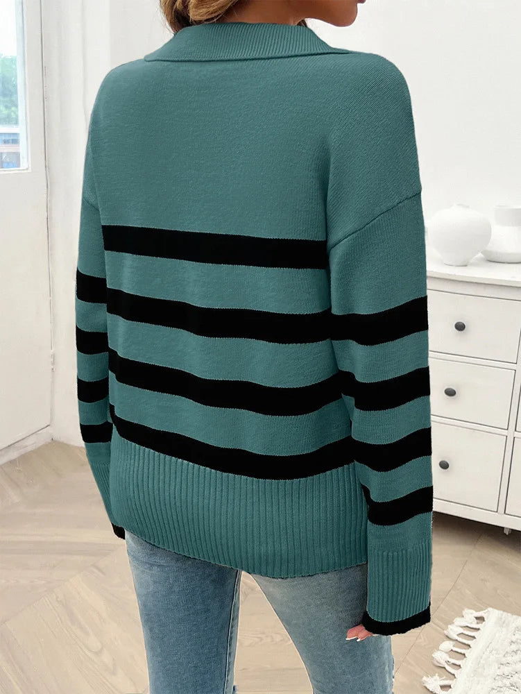 Sweaters- Relaxed Fit Stripe Knit Collared Sweater for Women- - IndioGear.com