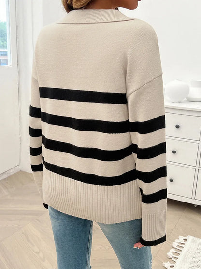 Sweaters- Relaxed Fit Stripe Knit Collared Sweater for Women- - IndioGear.com