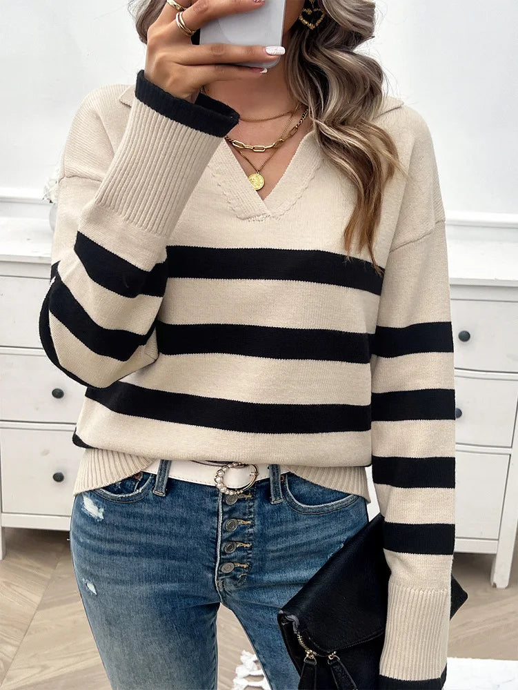 Sweaters- Relaxed Fit Stripe Knit Collared Sweater for Women- - IndioGear.com