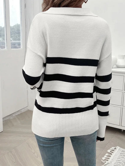 Sweaters- Relaxed Fit Stripe Knit Collared Sweater for Women- - IndioGear.com