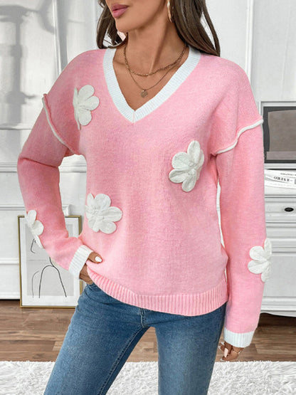 Sweaters- Romantic Applique Knit Sweater Floral V-Neck Jumper- - IndioGear Women Clothing