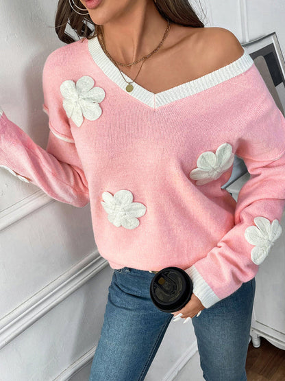 Sweaters- Romantic Applique Knit Sweater Floral V-Neck Jumper- - IndioGear Women Clothing