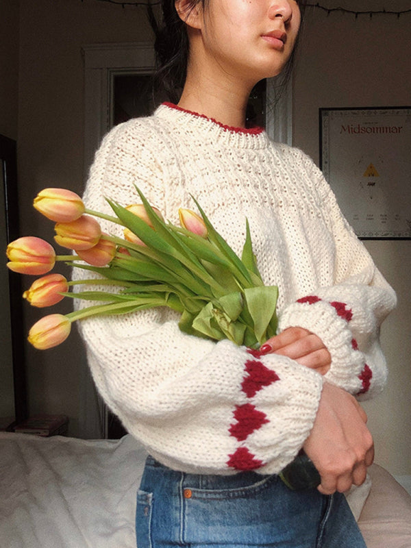 Sweaters- Romantic Heart-Knit Lantern Sleeve Sweater Winter Crop Jumper- - IndioGear Women Clothing