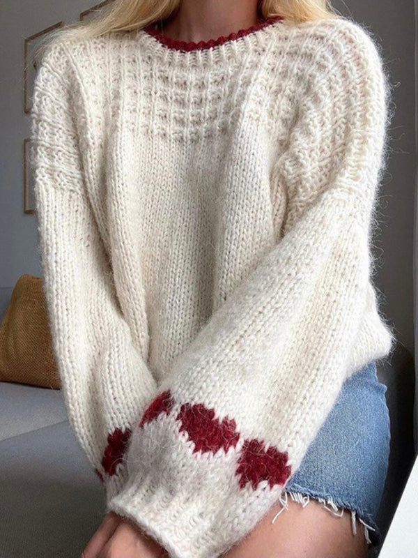 Sweaters- Romantic Heart-Knit Lantern Sleeve Sweater Winter Crop Jumper- White- IndioGear Women Clothing