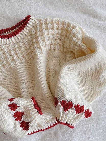 Sweaters- Romantic Heart-Knit Lantern Sleeve Sweater Winter Crop Jumper- - IndioGear Women Clothing