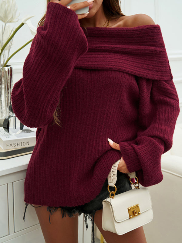 Sweaters- Slouchy Ribbed Sweater - Oversized Off-the-Shoulder Jumper- - IndioGear.com