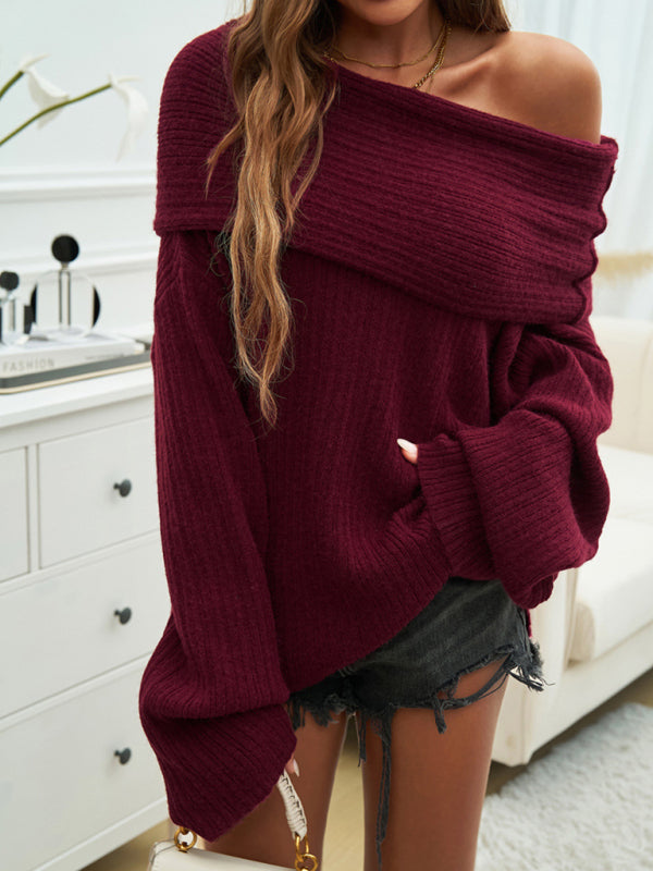 Sweaters- Slouchy Ribbed Sweater - Oversized Off-the-Shoulder Jumper- - IndioGear.com