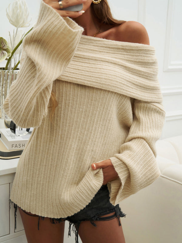 Sweaters- Slouchy Ribbed Sweater - Oversized Off-the-Shoulder Jumper- Cracker khaki- IndioGear.com