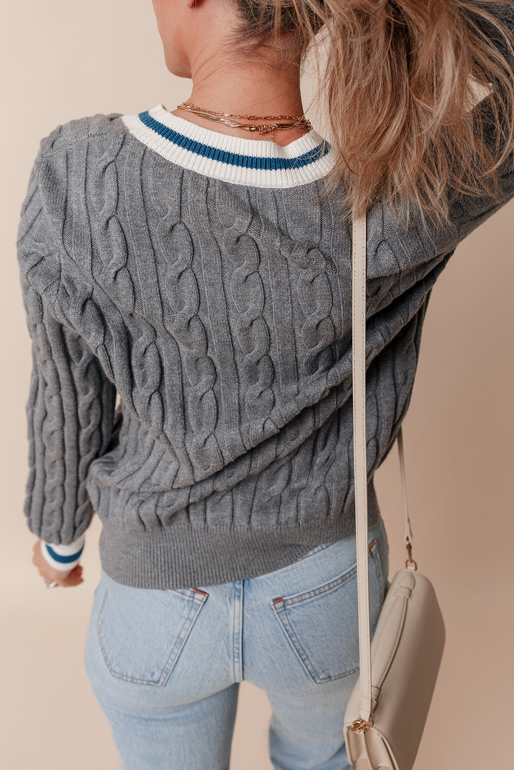 Sweaters- Sporty Striped V-Neck Cable Knit Sweater Classic Jumper- - IndioGear Women Clothing