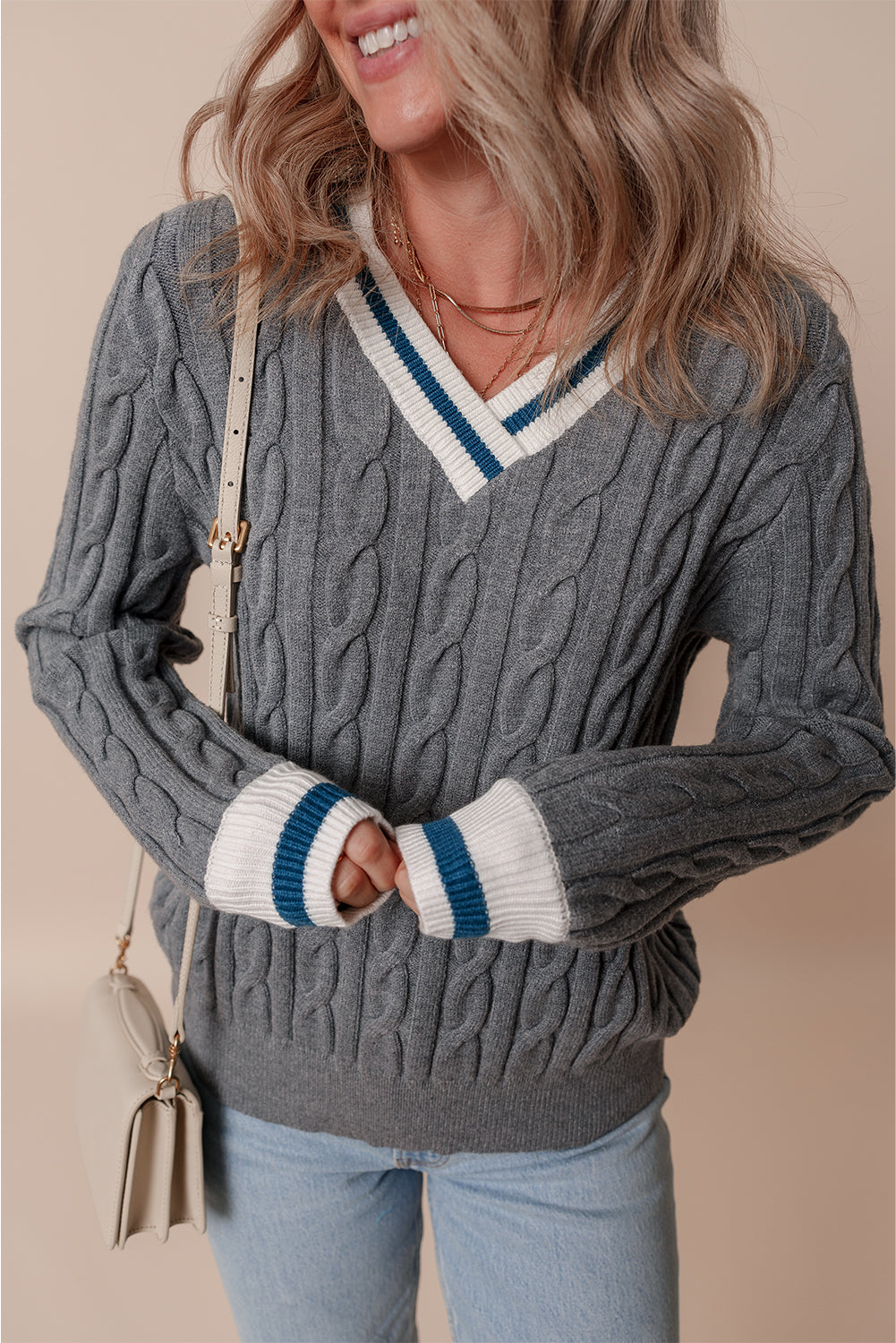 Sweaters- Sporty Striped V-Neck Cable Knit Sweater Classic Jumper- - IndioGear Women Clothing