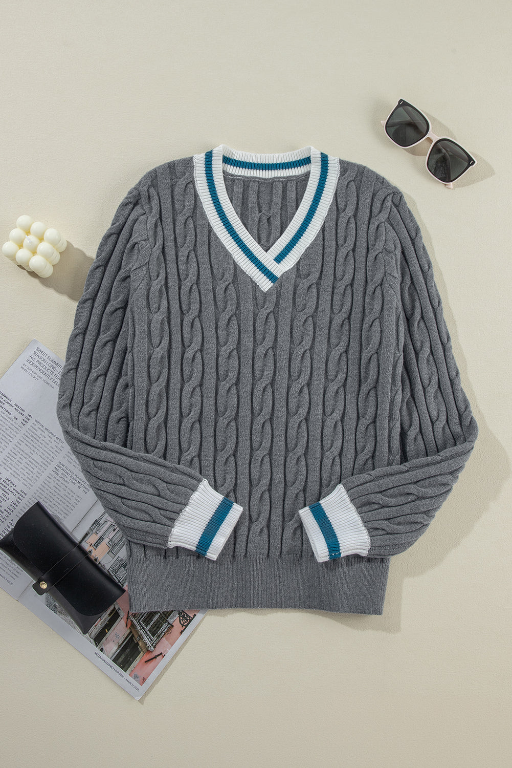 Sweaters- Sporty Striped V-Neck Cable Knit Sweater Classic Jumper- - IndioGear Women Clothing