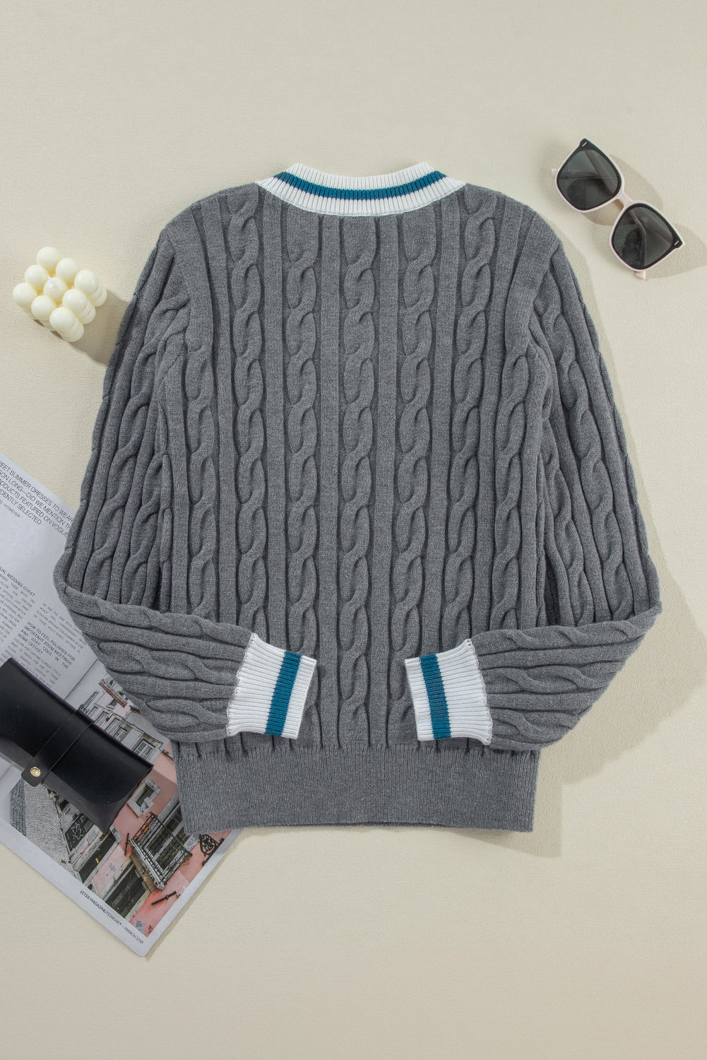 Sweaters- Sporty Striped V-Neck Cable Knit Sweater Classic Jumper- - IndioGear Women Clothing