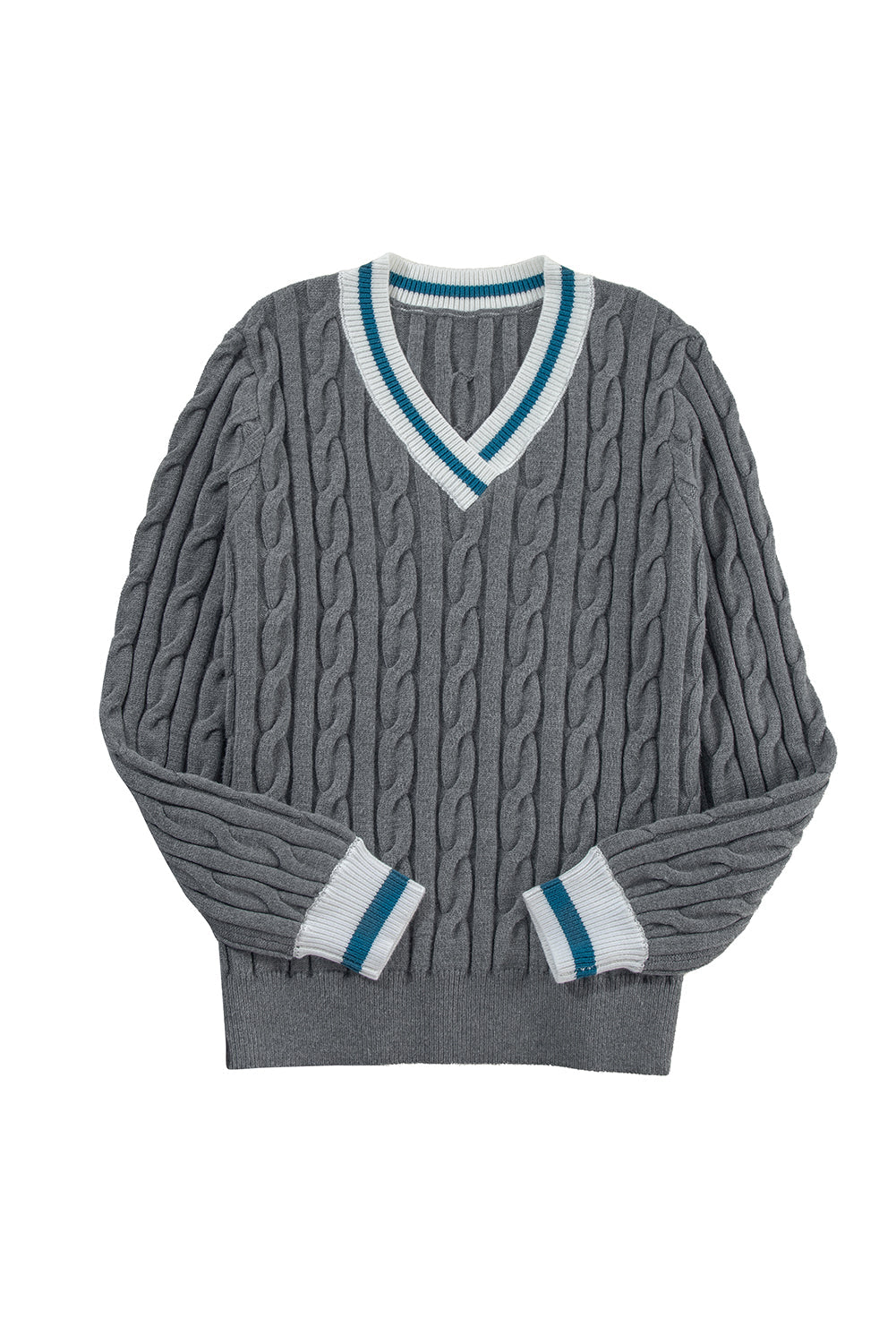 Sweaters- Sporty Striped V-Neck Cable Knit Sweater Classic Jumper- - IndioGear Women Clothing