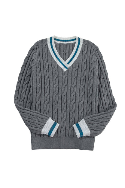 Sweaters- Sporty Striped V-Neck Cable Knit Sweater Classic Jumper- - IndioGear Women Clothing