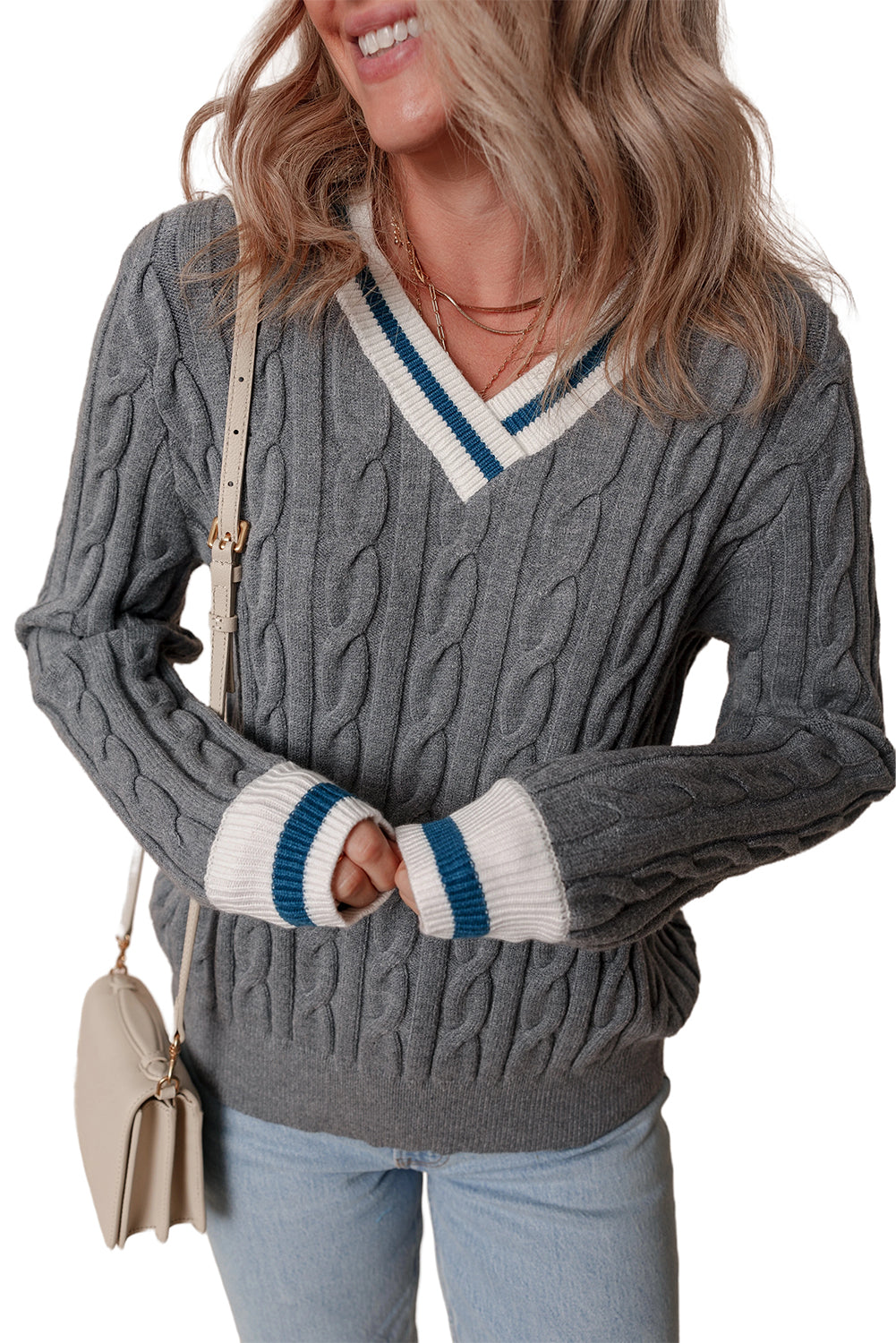 Sweaters- Sporty Striped V-Neck Cable Knit Sweater Classic Jumper- - IndioGear Women Clothing