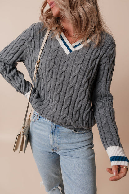 Sweaters- Sporty Striped V-Neck Cable Knit Sweater Classic Jumper- - IndioGear Women Clothing