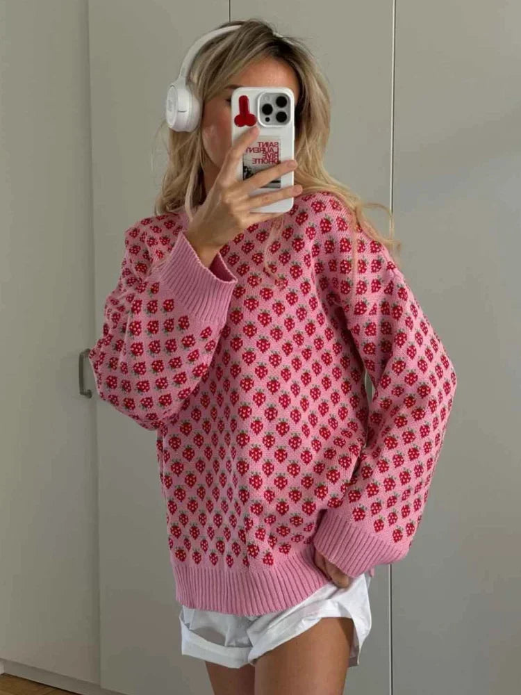 Sweaters- Strawberry Knit Oversized Sweater for Women- - IndioGear Women Clothing